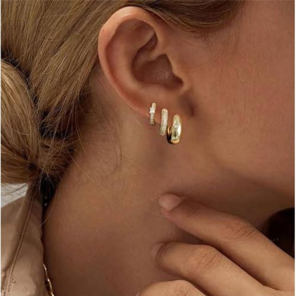 Gold Huggie Hoop Earring Set 3 Pairs Crystal Star‎ Pave Minimalist Jewelry